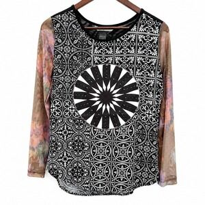 Desigual Women's Long Sleeve Geometric Print Top Sheer Floral Sleeves Size Small